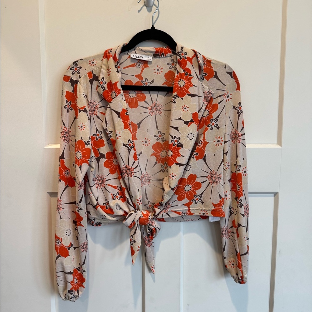 Aster Orange and Cream Floral 70’s Vibe Tie Front Collared Cardigan